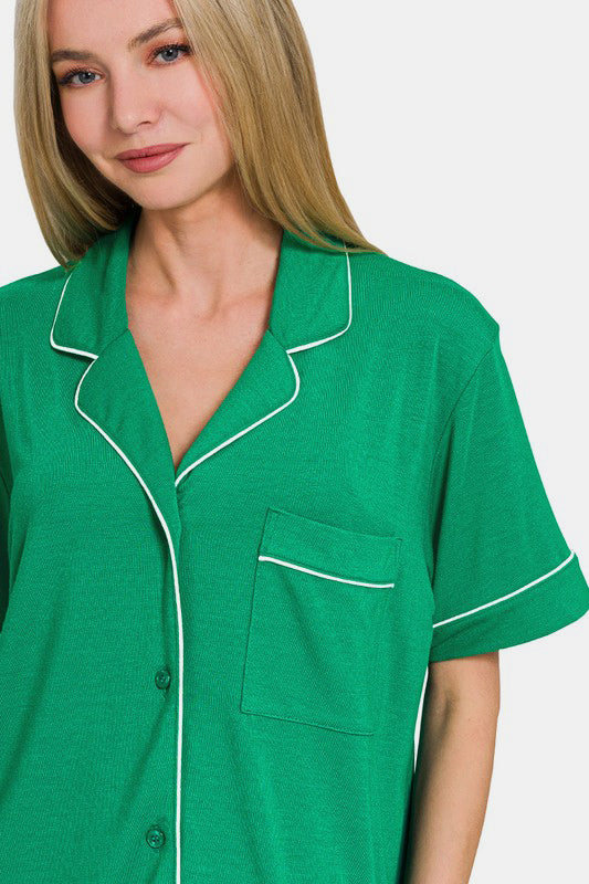 Zenana Button Down Top and Shorts Lounge Set In Kelly Green