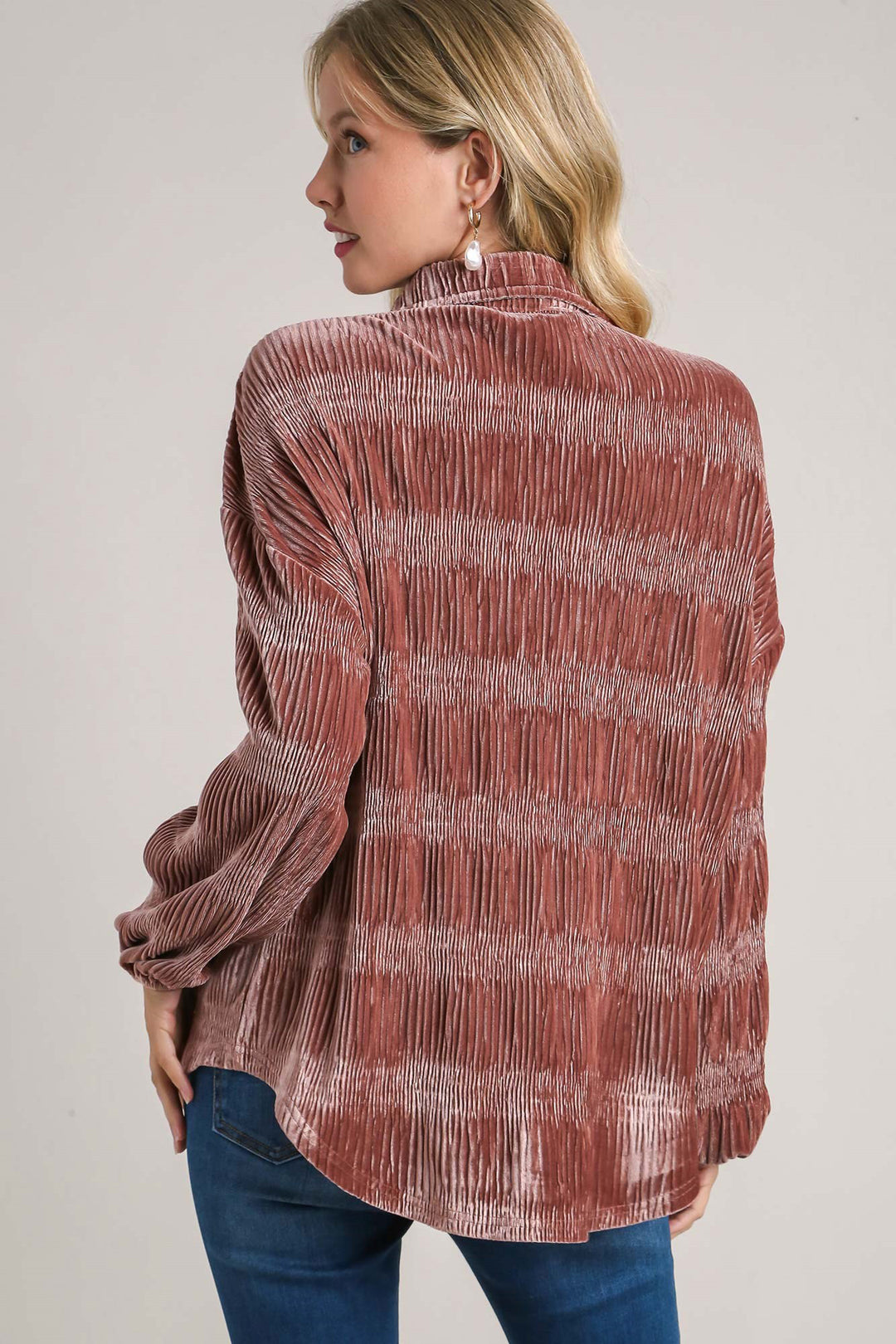 Umgee Ruched Tiered Button Up Top In Red Bean