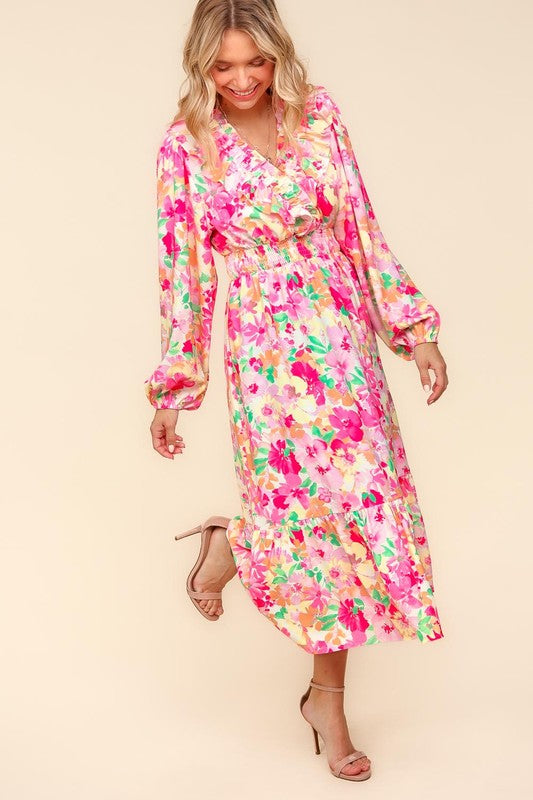 Haptics Floral Surplice Balloon Sleeve Dress with Side Pockets In Multi