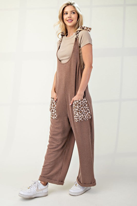 Celeste Ribbed Leopard Tied Shoulder Overalls In Taupe