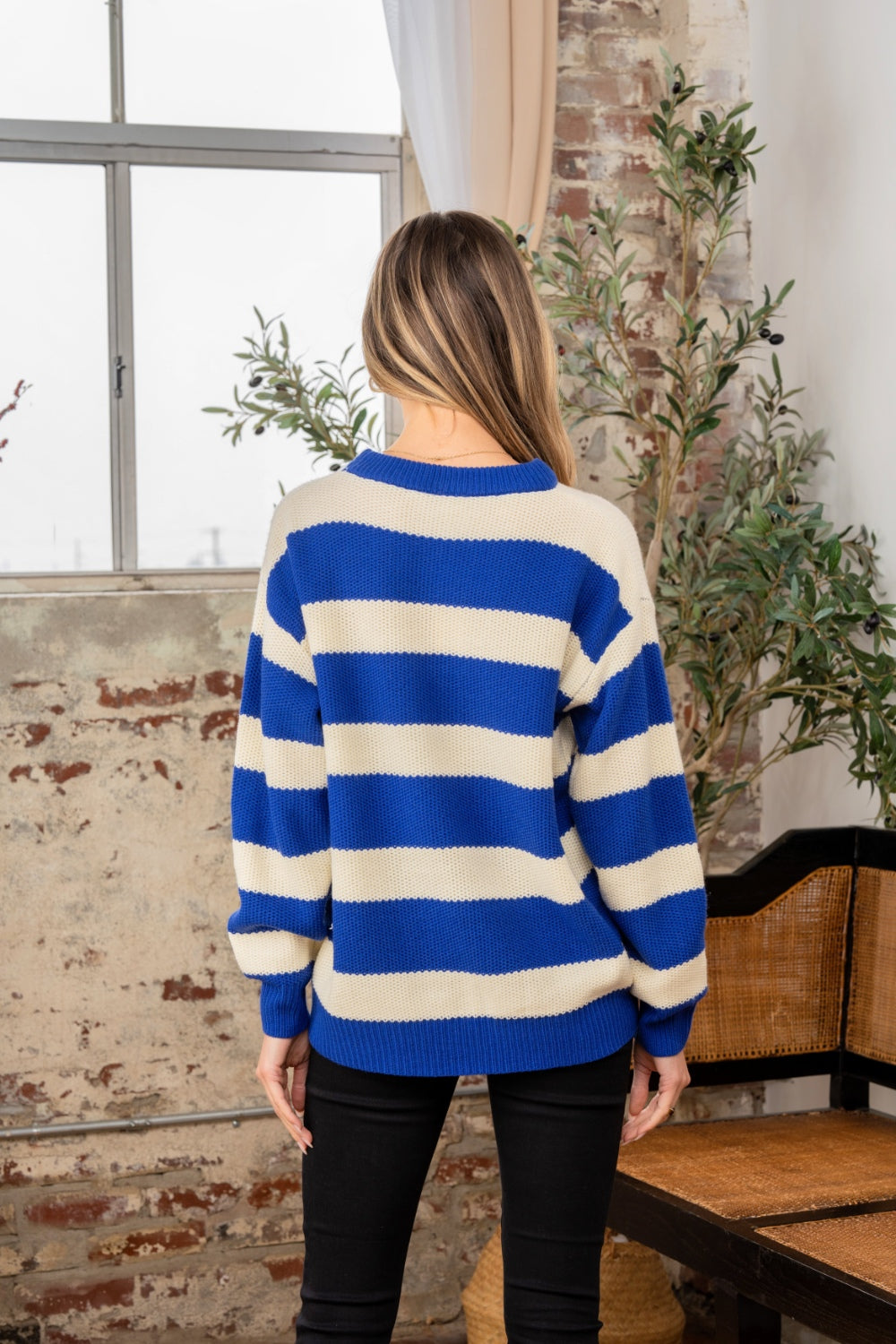 Sew In Love Contrast Striped Round Neck Sweater In Navy