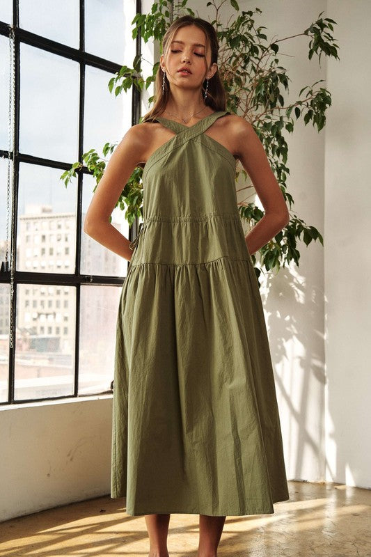 ADORA Crisscross Wide Strap Midi Dress In Moss