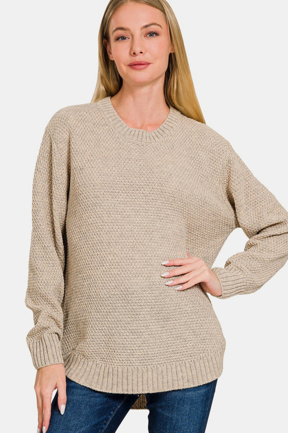 Zenana Curved Hem Sweater In H Beige