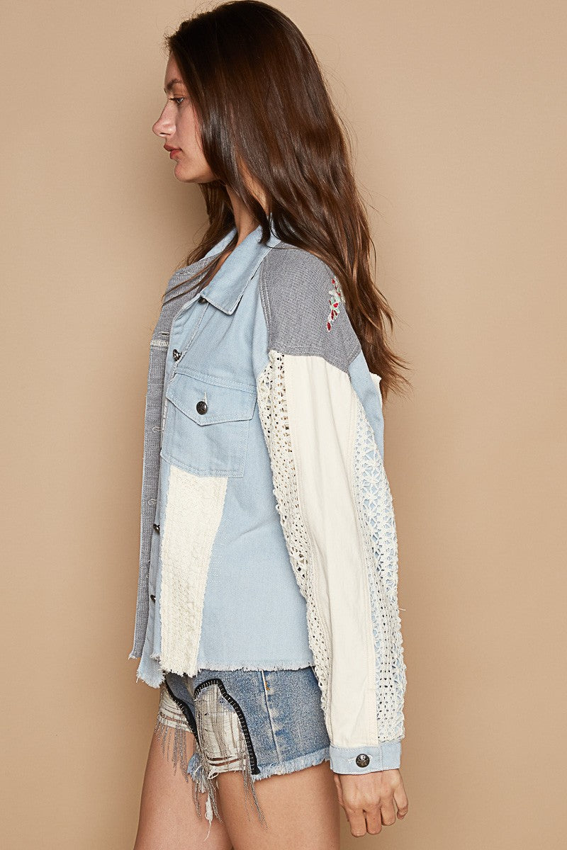 POL Raw Hem Crochet Embroidery Shacket with Chest Pockets In Denim