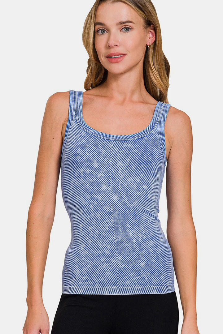 Zenana Ribbed Scoop Neck Tank In Light Indigo