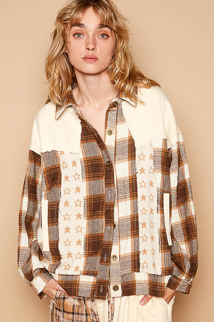 POL Plaid & Star Patchwork Contrast Long Sleeve Shacket In Beige