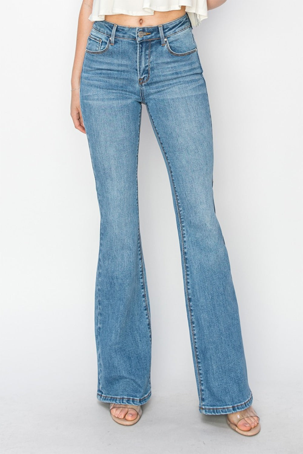 RISEN Mid Rise Flare Jeans with Pockets In Medium Wash