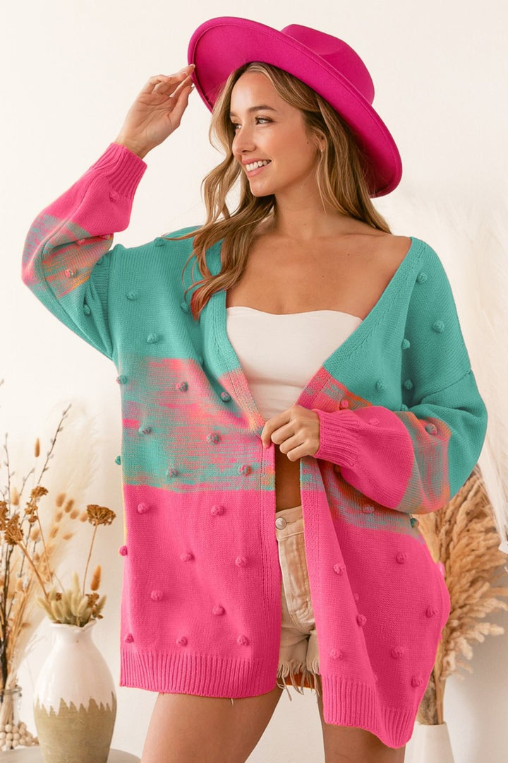 BiBi Color Block Ponpon Sweater Cardigan In Turquoise