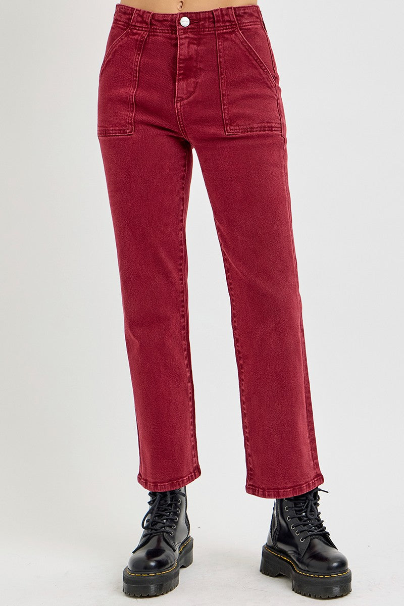 RISEN High Rise Straight Jeans with Patch Pockets In Wine