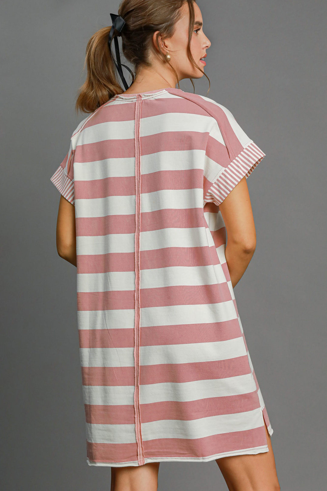 Umgee Peace Applique Striped Mini Dress In Dusty Pink