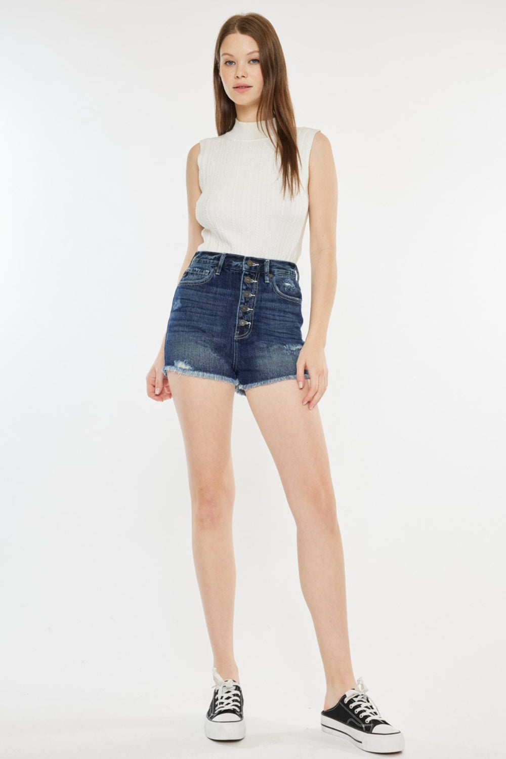 Kancan Aria Raw Hem Button Fly Denim Shorts