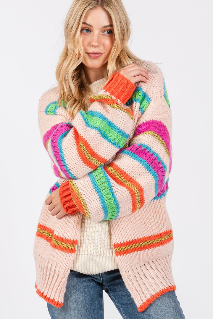 SAGE + FIG Rainbow Striped Open Front Knit Cardigan In Multi