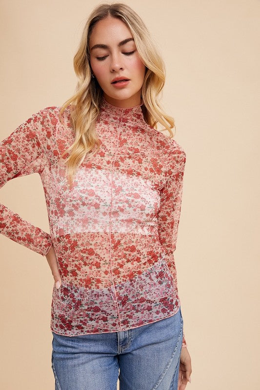 Annie Wear Floral Lettuce Hem Sheer Mesh Top In Ivory Rose