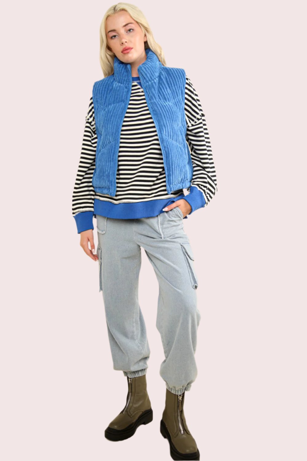 VERY J Zip Up Padded Corduroy Puffer Vest In Blue