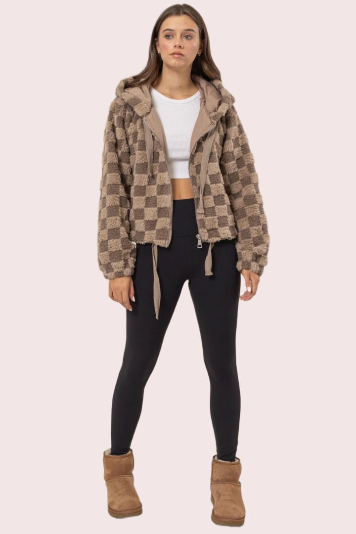 HYFVE Zip Up Sherpa Checkered Hooded Jacket In Mocha