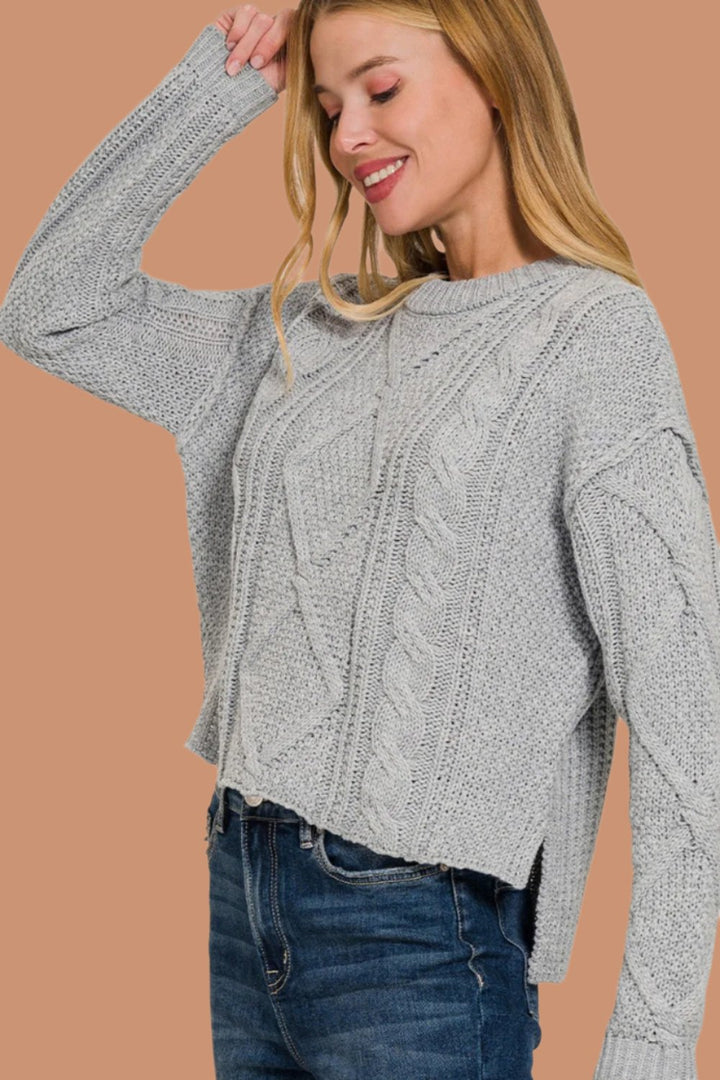 Zenana Cropped High Low Cable Sweater with Side Slits In H Grey