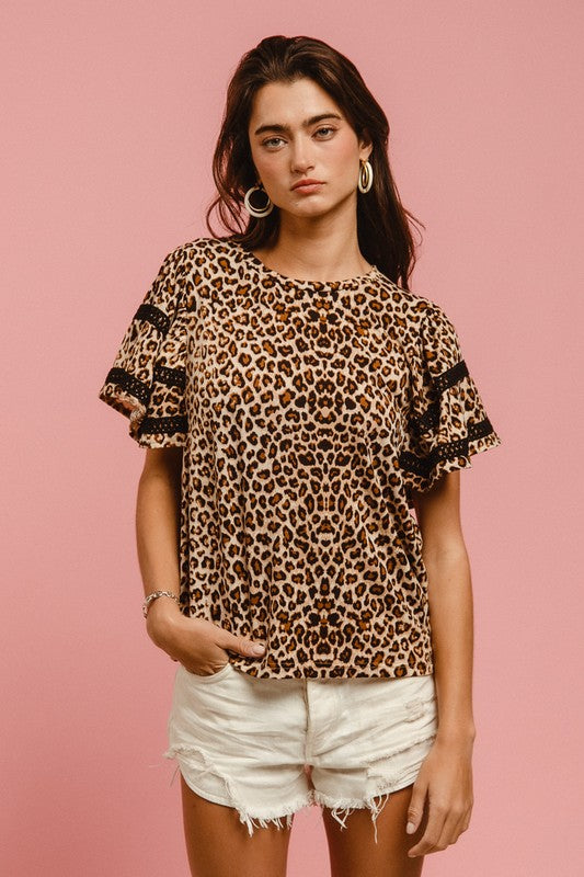 BiBi Leopard Crochet Trim Top In Leopard