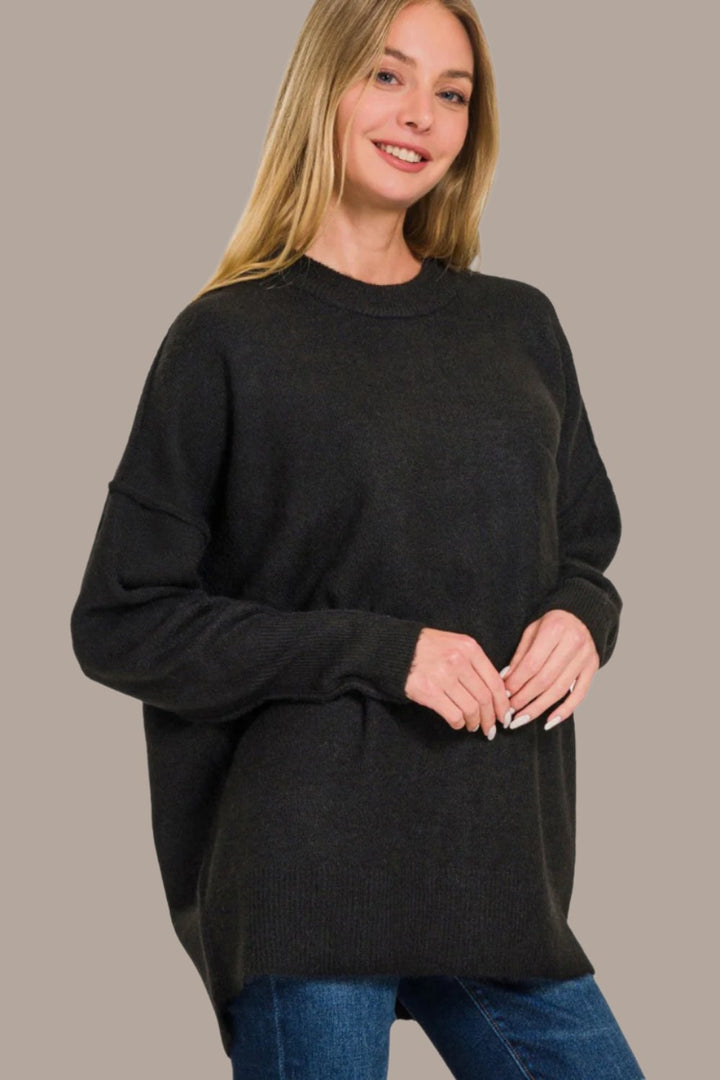 Zenana High-Low Hem Sweater In Black