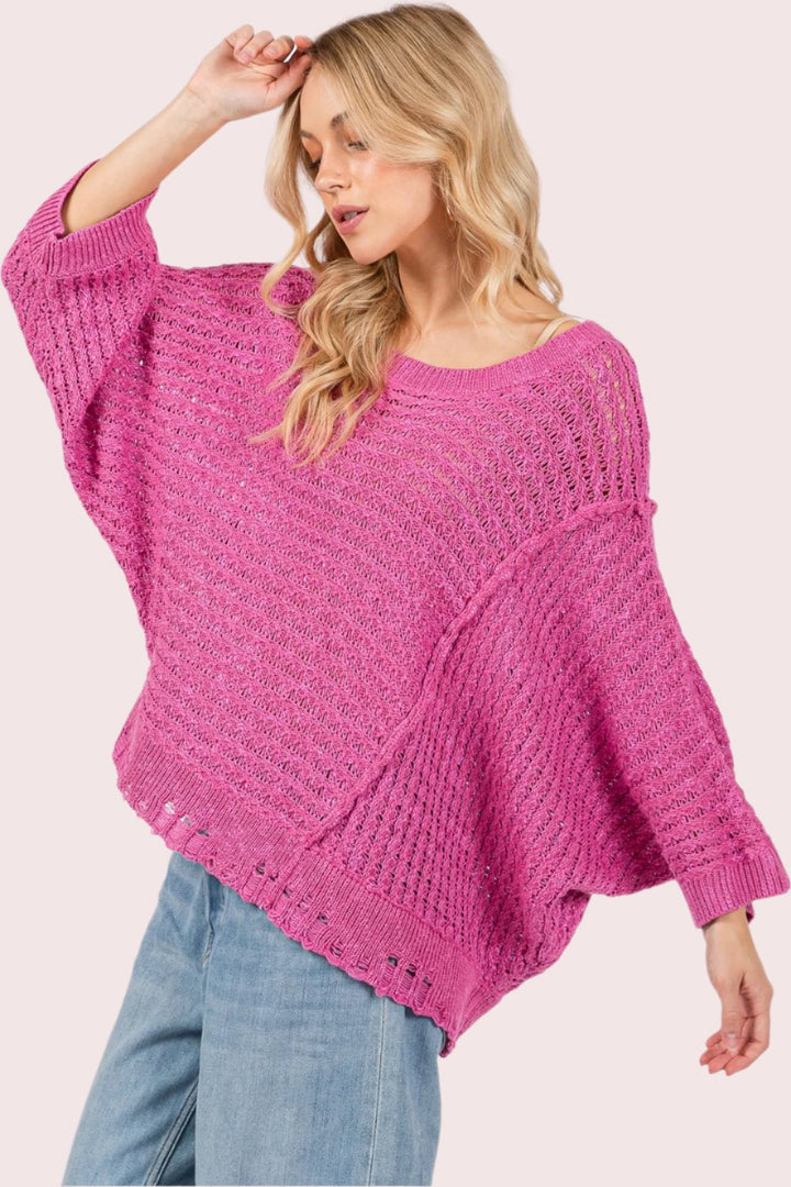 SAGE + FIG Distressed Asymmetrical Open Stitch Sweater In Magenta