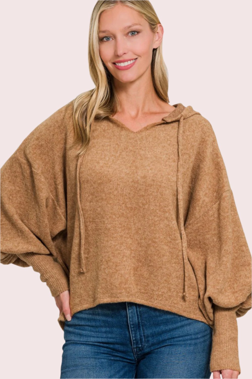 Zenana Brushed Hacci Drop Shoulder Cropped Hoodie In Deep Camel