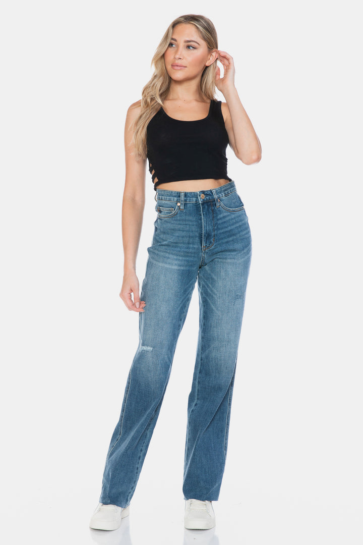 Judy Blue Faye Tummy Control Cut Raw Hem Straight Jeans