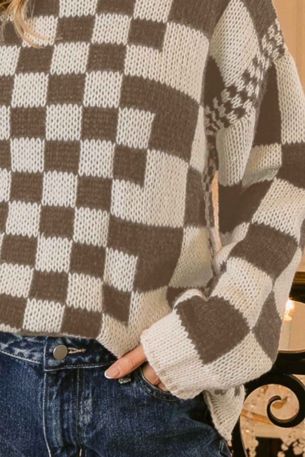 BiBi Checkered Contrast Chunky Sweater In Mocha