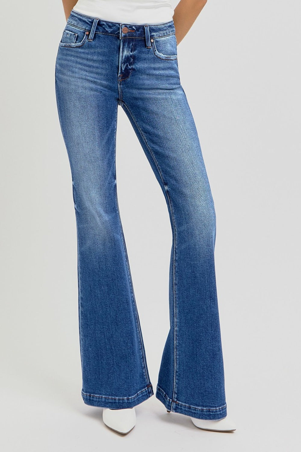 RISEN Low Rise Flare Jeans with Pockets In Dark Wash