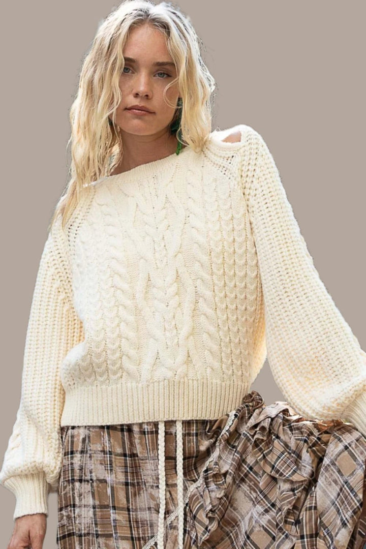 POL Cable Knit Cutout Long Sleeve Sweater In Cream