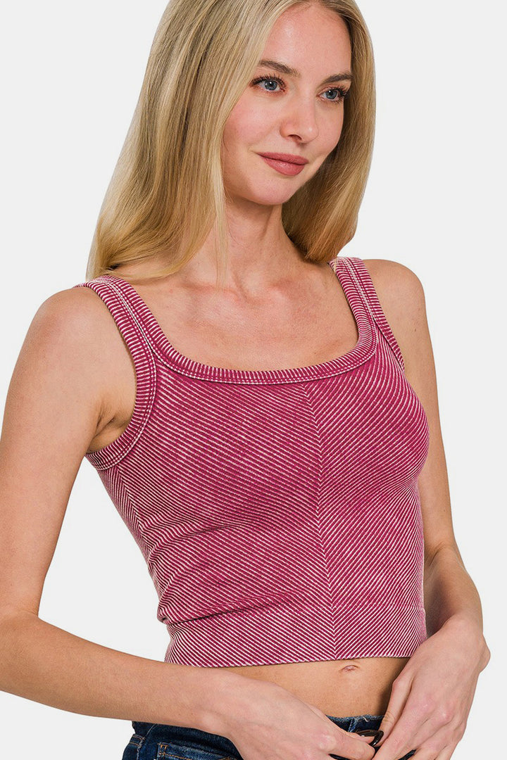 Zenana Washed Ribbed Scoop Neck Wide Strap Tank In Burgundy