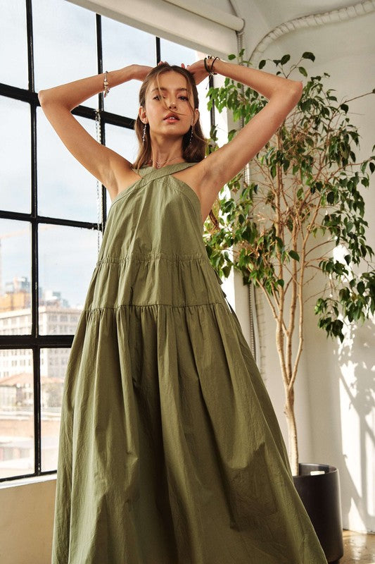 ADORA Crisscross Wide Strap Midi Dress In Moss