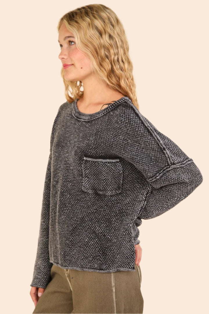 VERY J Mineral Washed Exposed Seam Sweater In Black