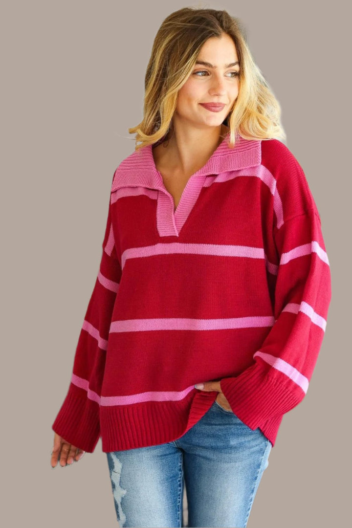 Haptics Collared Neck Striped Contrast Sweater In Crimson