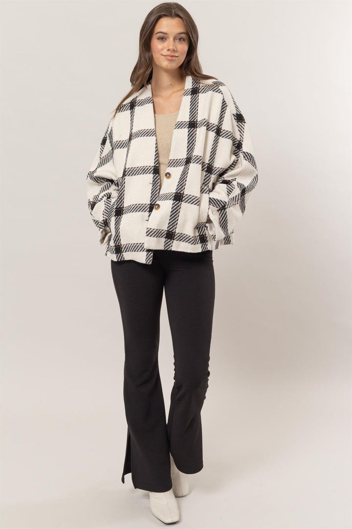 HYFVE Plaid Long Sleeve Jacket with Side Slit Pockets In Cream