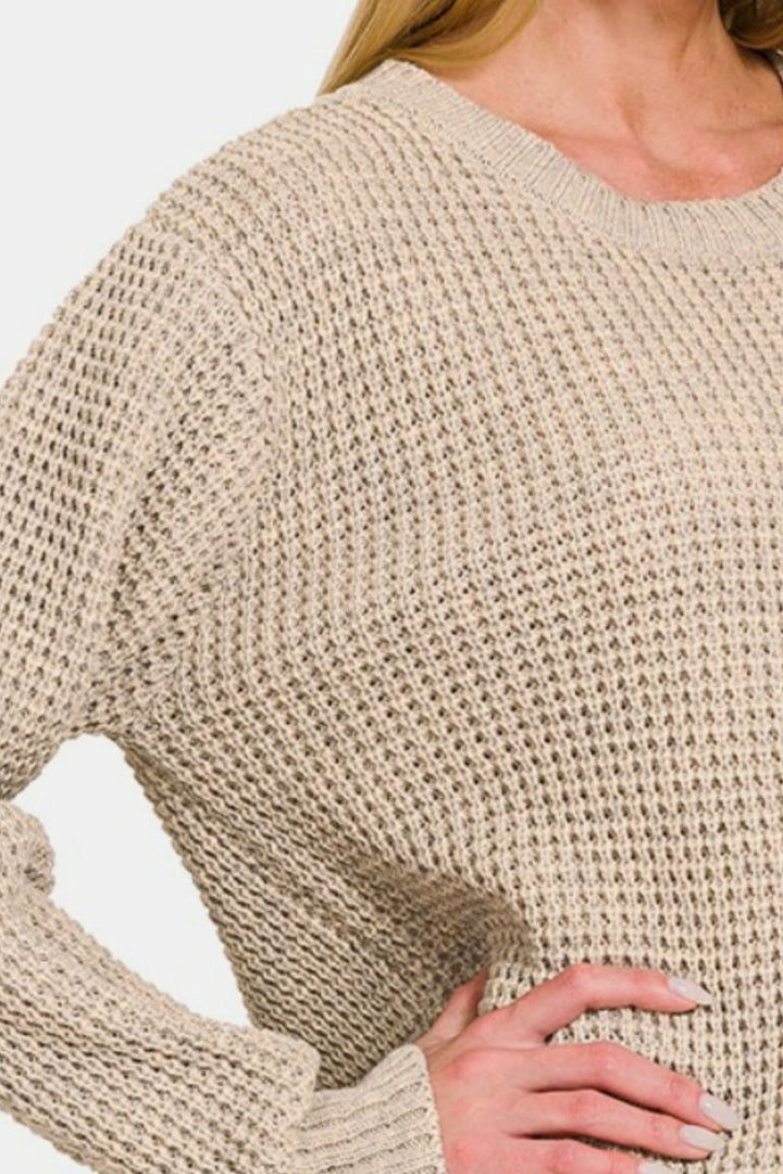 Zenana High Low Waffle Sweater In H Beige