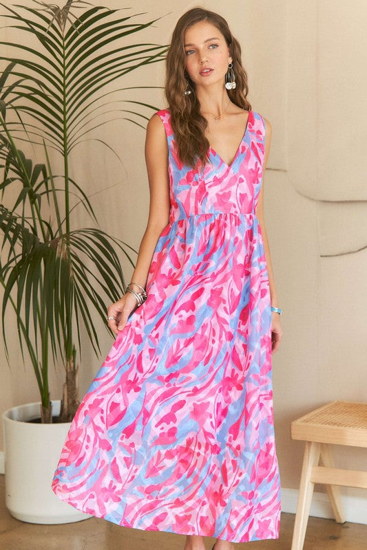 ADORA Abstract Floral V-Neck Maxi Dress In Pink Blush