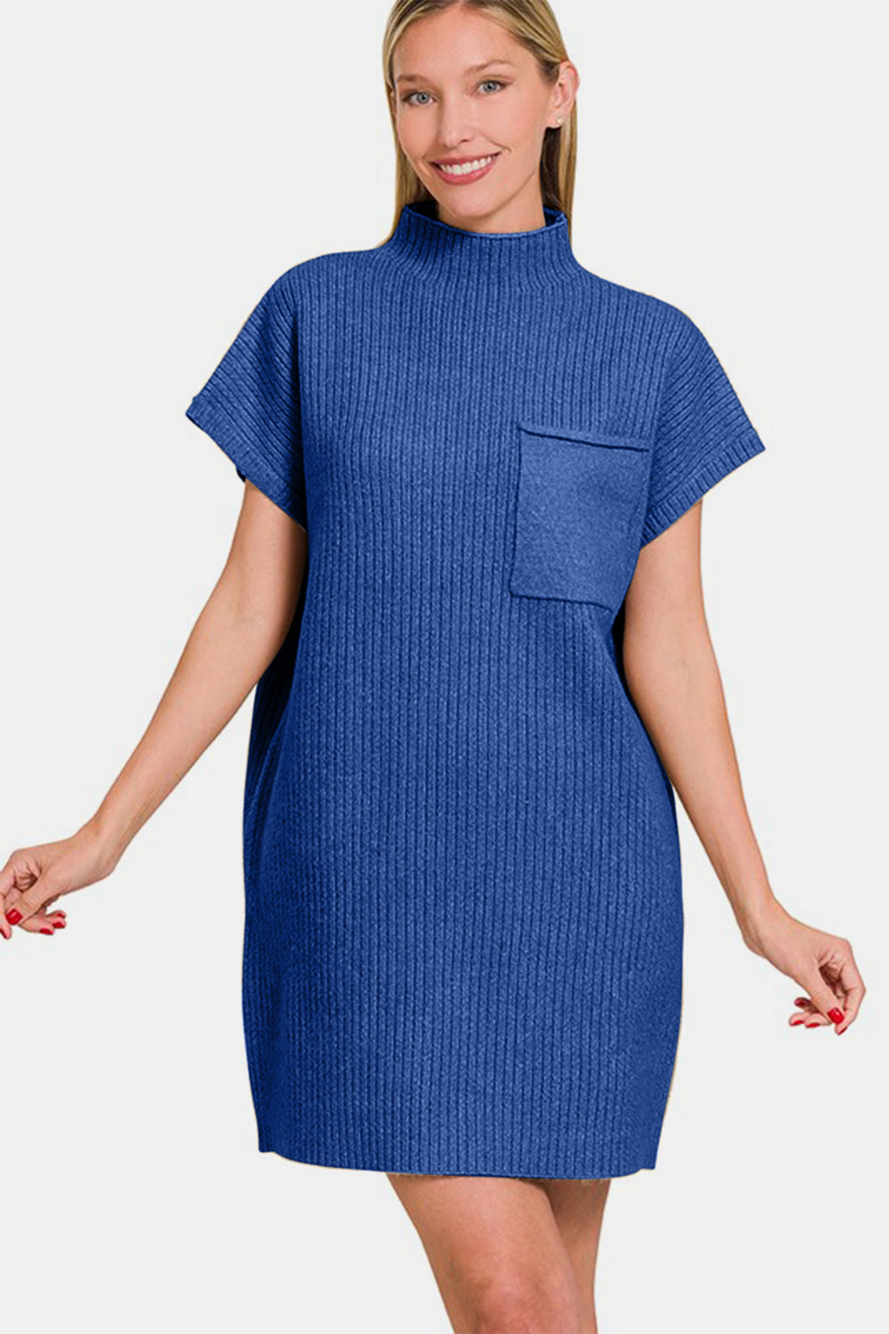 Zenana Short Sleeve Sweater Mini Dress In Navy