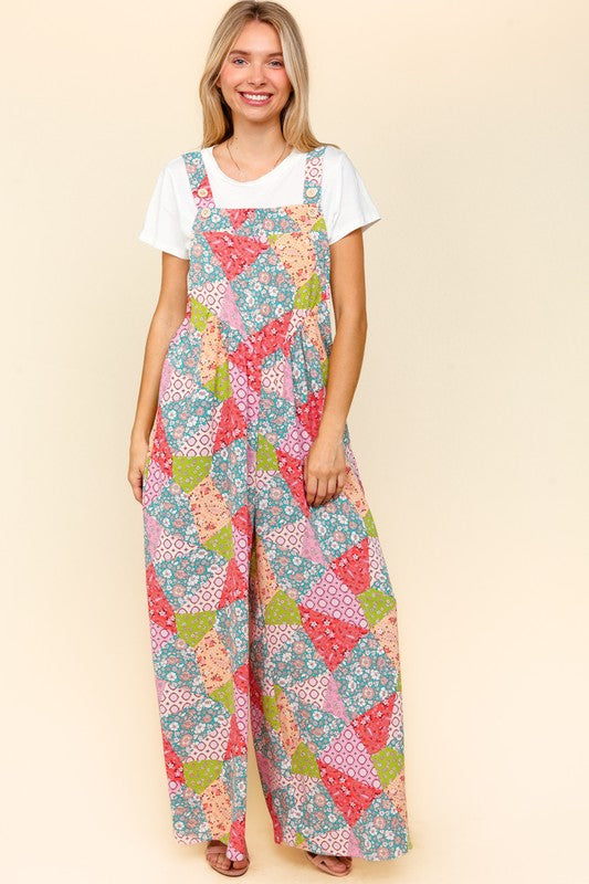 Haptics Printed Wide Leg Overalls In Coral