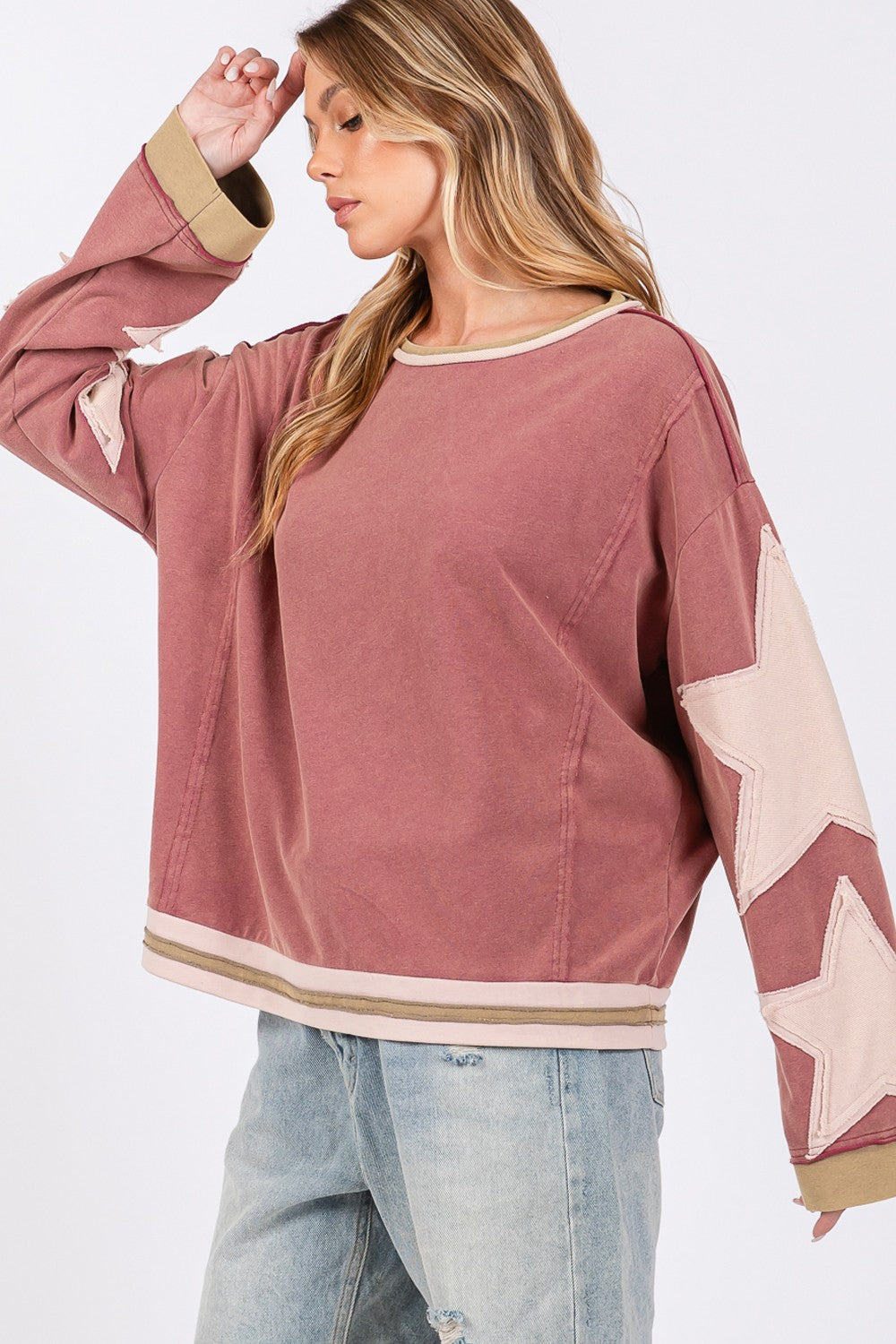 SAGE + FIG French Terry Star Applique Patch Sweatshirt In Pink