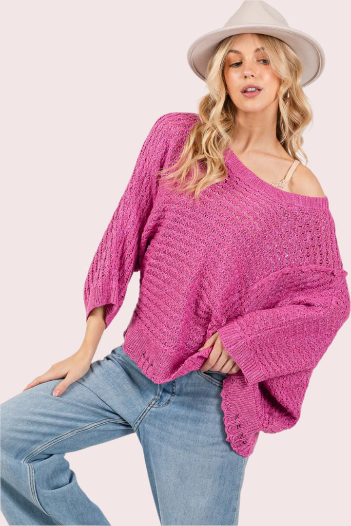 SAGE + FIG Distressed Asymmetrical Open Stitch Sweater In Magenta