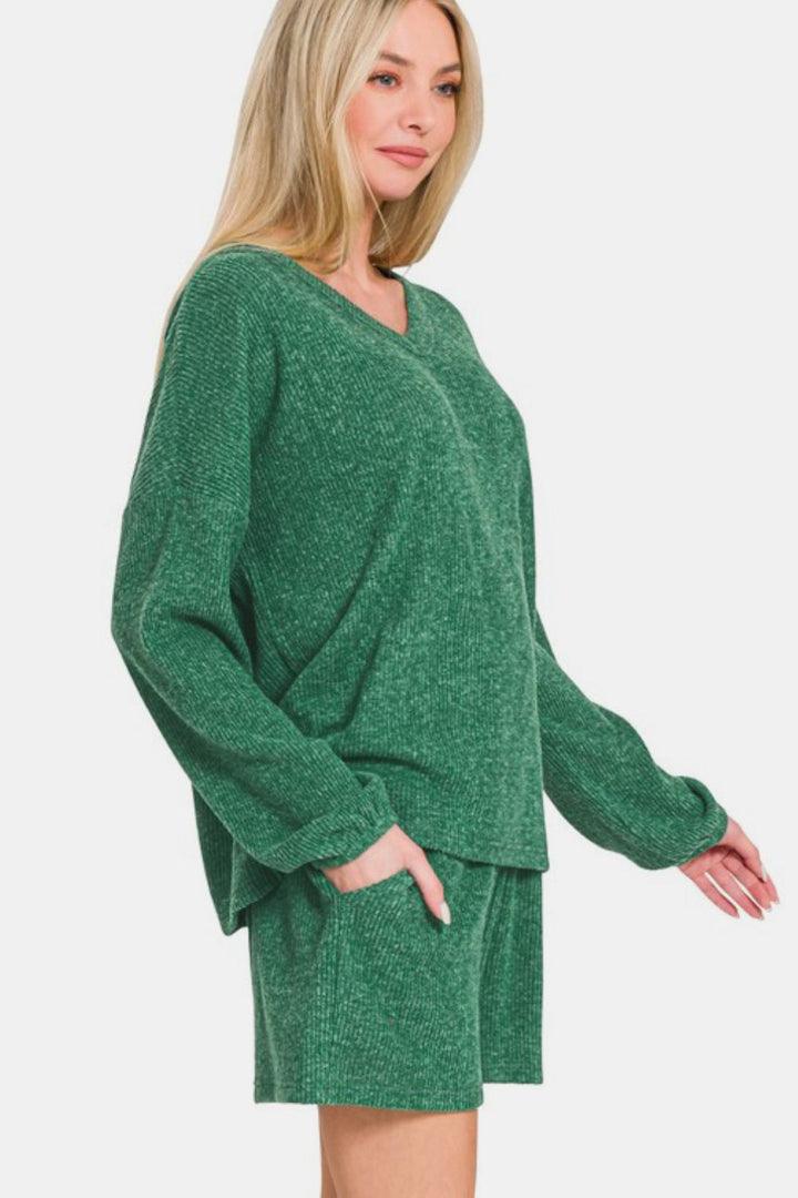 Zenana Ribbed Top and Shorts Set In Dark Green