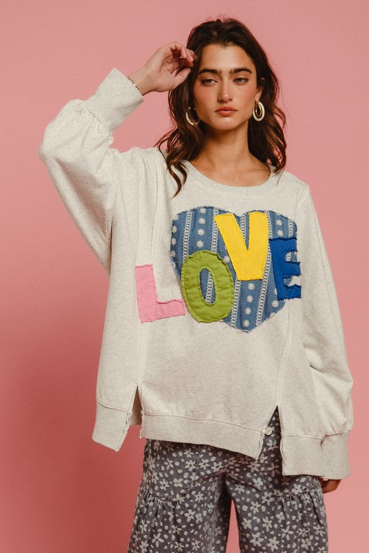 BiBi LOVE Heart Patch Slit French Terry Sweatshirt In Light Gray