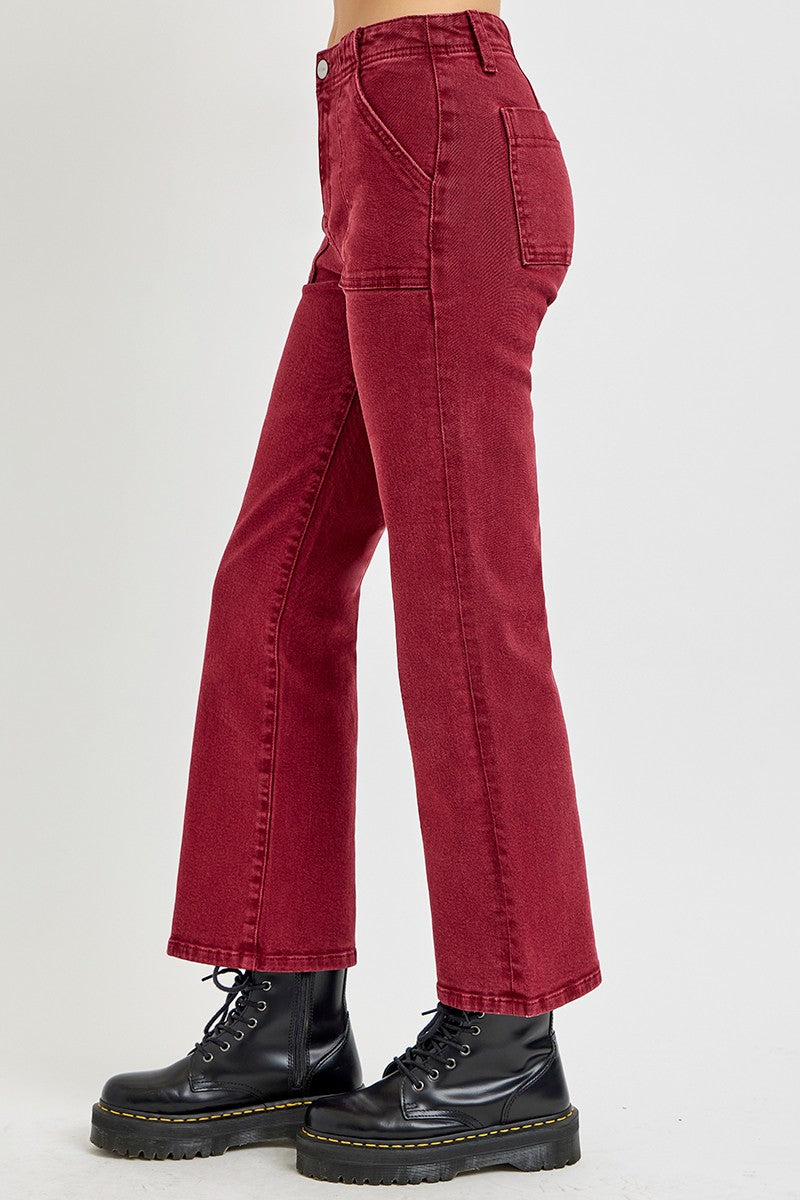 RISEN High Rise Straight Jeans with Patch Pockets In Wine