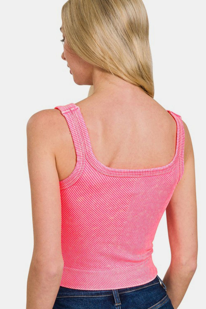 Zenana Washed Ribbed Scoop Neck Wide Strap Tank In In N Coral