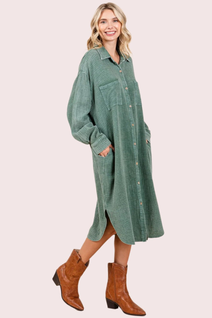 Mittoshop Mineral Wash Cotton Gauze Midi Shirt Dress In Pine