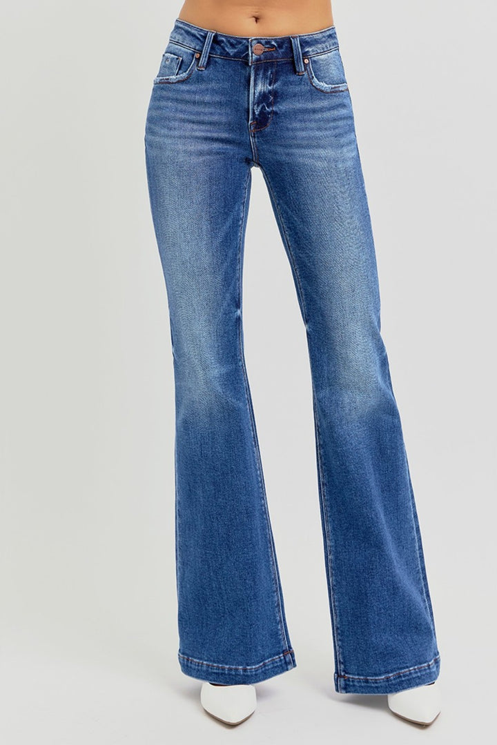 RISEN Low Rise Flare Jeans with Pockets In Dark Wash