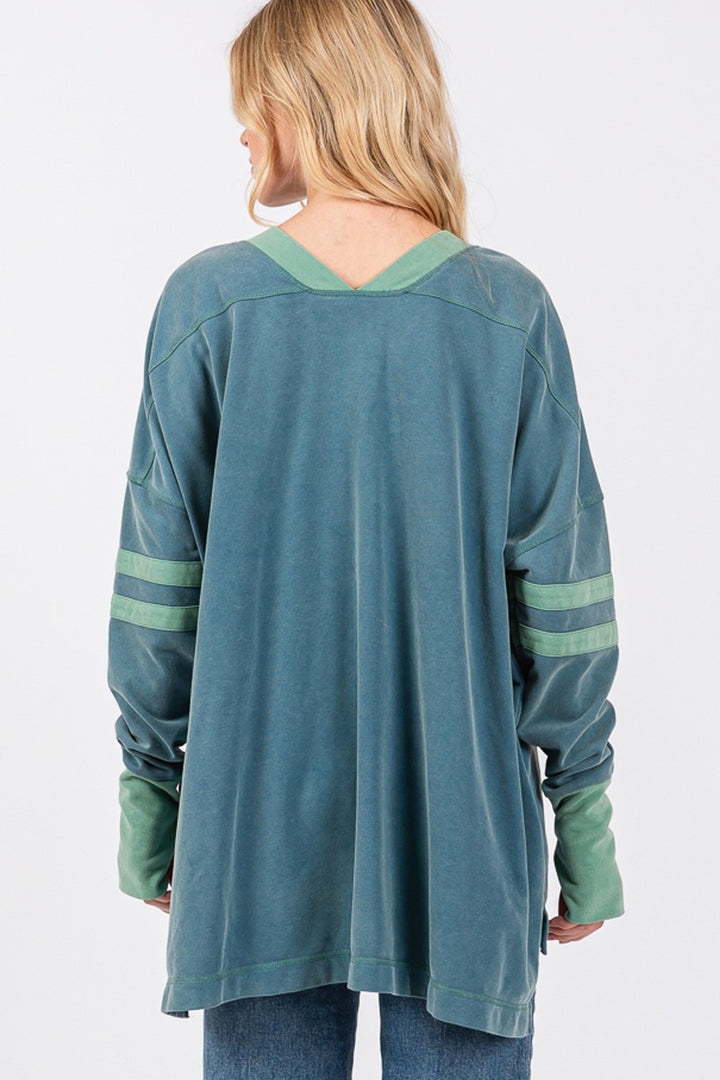 SAGE + FIG Mineral Wash Side Slit Contrast Top In Teal