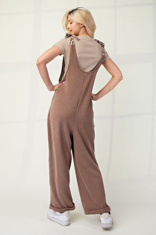 Celeste Ribbed Leopard Tied Shoulder Overalls In Taupe