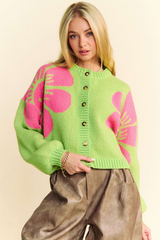 Davi & Dani Flower Contrast Cardigan In Lime