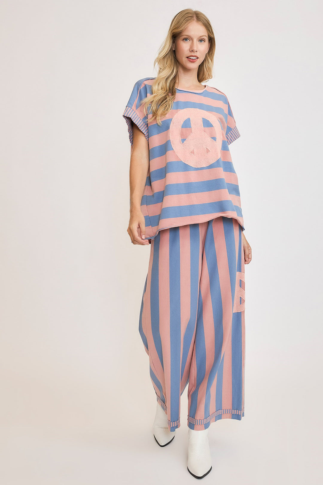 Umgee Peace Sign Patch Striped Top In Dusty Blue