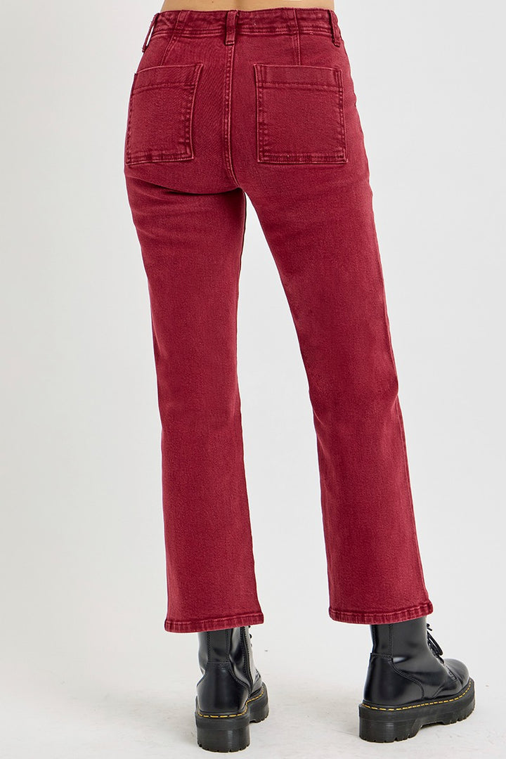 RISEN High Rise Straight Jeans with Patch Pockets In Wine